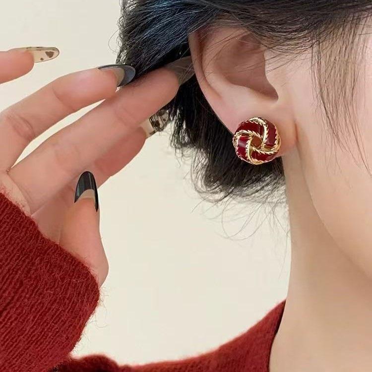 925 Silver Zodiac Concentric Knot Stud Earrings – Year of the Snake 2025 Red Earrings for Women, Light Luxury New Year Accessories