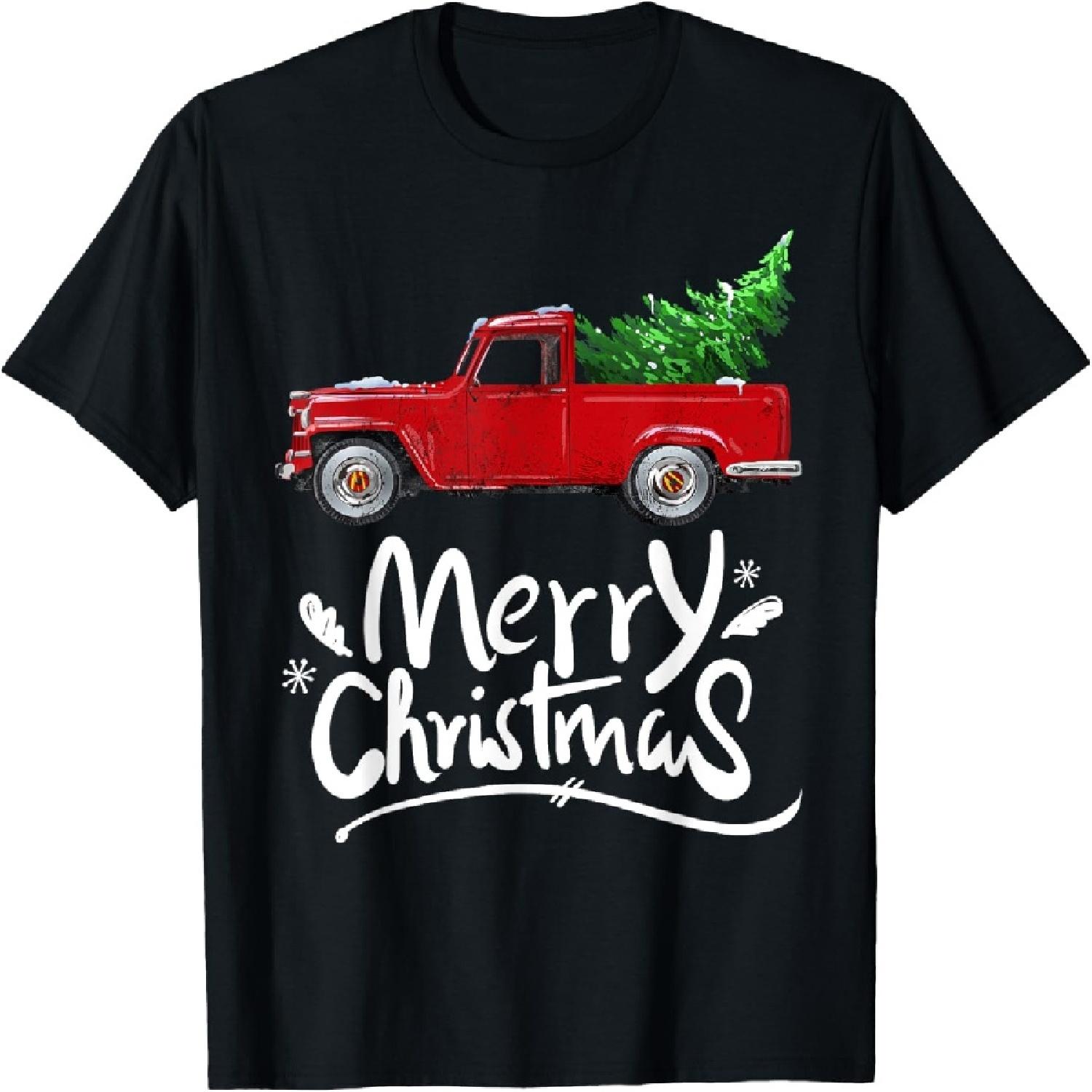 Винтажная тележка красный грузовик рождественская елка пижама подарок футболка S
