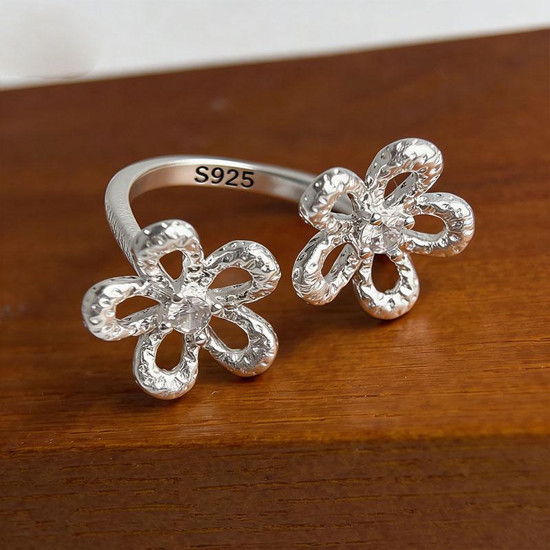 

BF CLUB 925 Sterling Rings for Women Simple Geometric Handmade Irregular Retro Big Flower Ring Allergy For Birthday Gift resizable