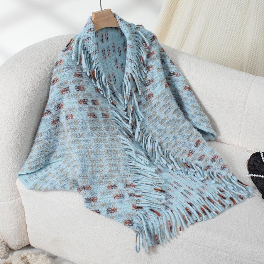 Colorful Striped Knitted Fringe Shawl for Women Autumn Winter New European and American Casual Loose Knit Cape