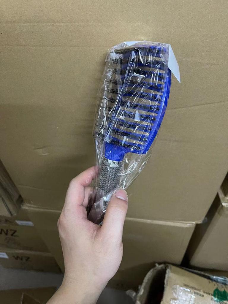 Large Anti-Static Curved Massage Comb for Curly Hair - Pig Bristle, Nine-Row, Plastic