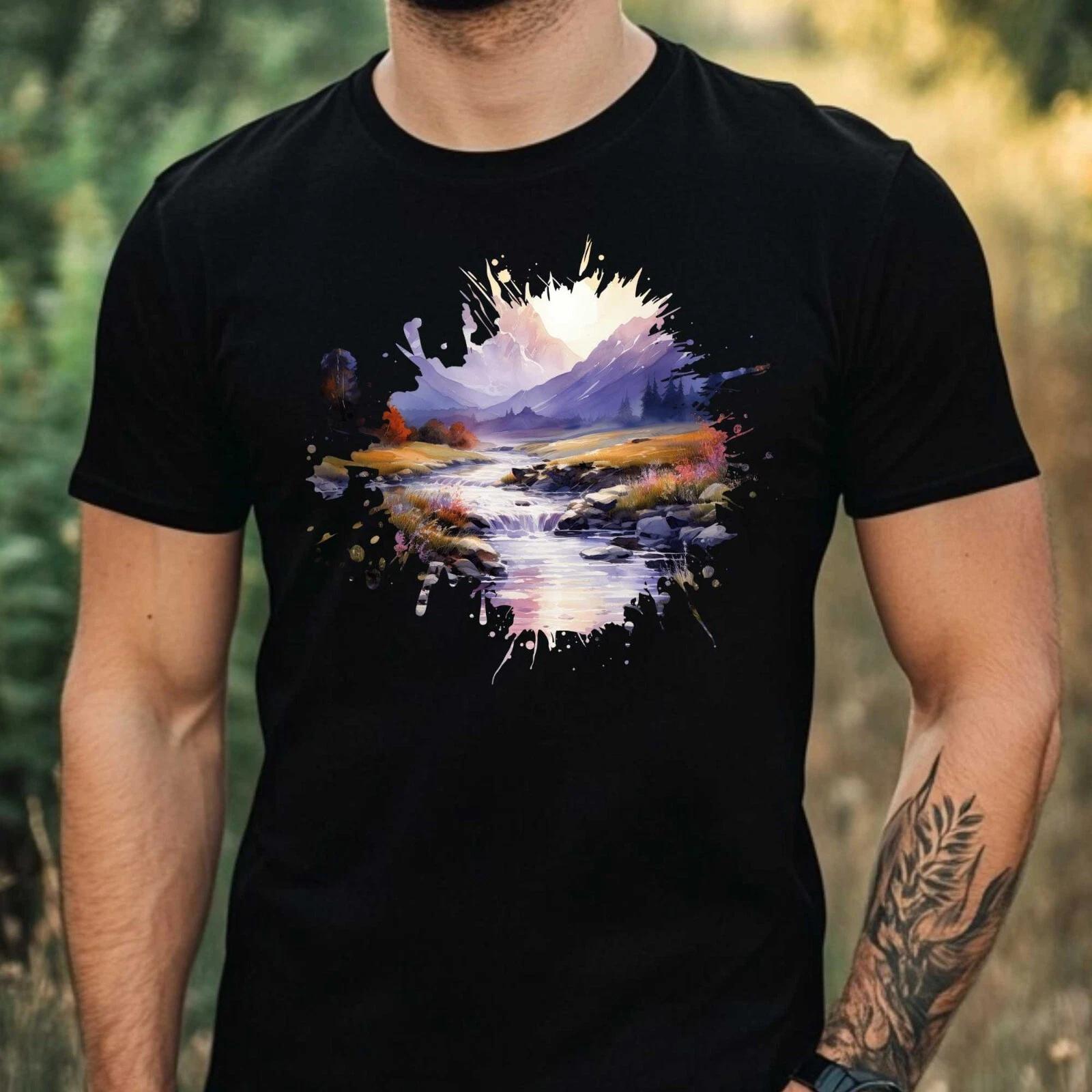 T-Shirt Herren Aquarell Berglandschaft Motiv Baumwolle Größe XS bis 5XL L