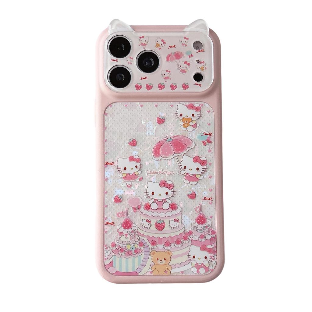 Compatible with iPhone 17 Pro Max: Strawberry Cake KT Cat Ears Large Window Case