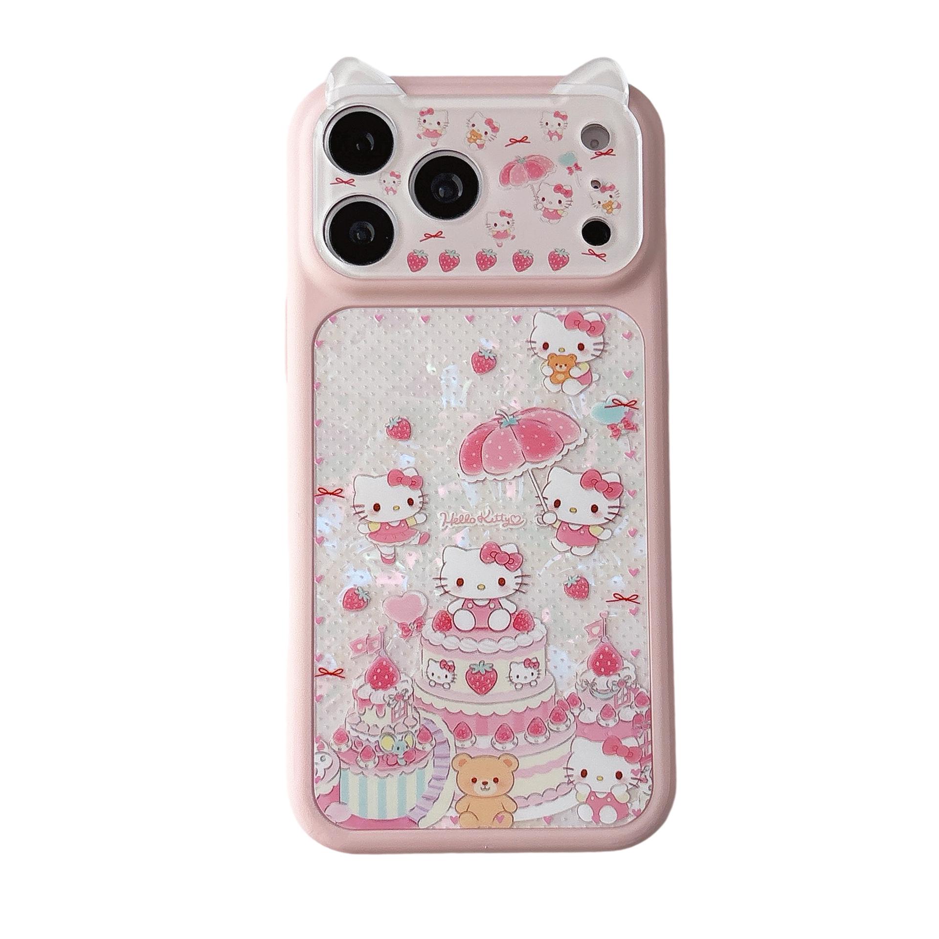 

Compatible with iPhone 17 Pro Max: Strawberry Cake KT Cat Ears Large Window Case iPhone 15 Pro