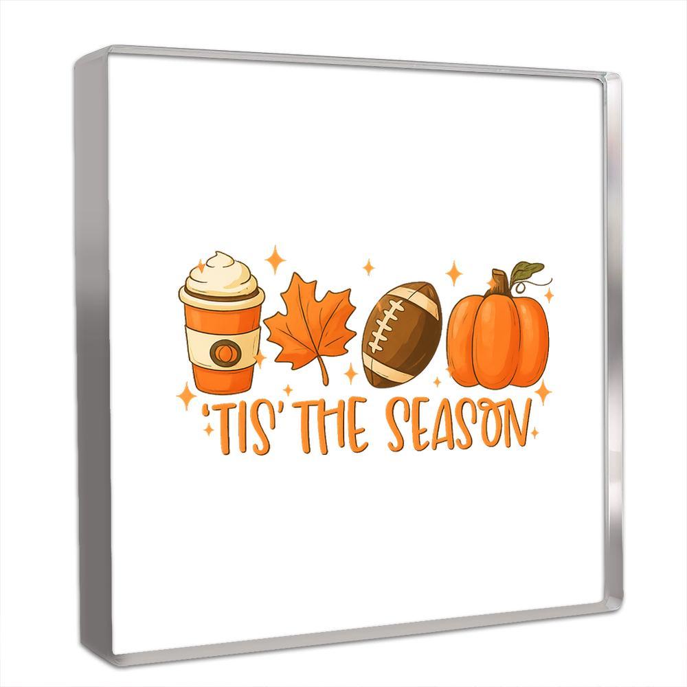

Fall Tabletop Decor Figurine - Autumn-Themed Collectible with Pumpkin, Maple Leaf, Coffee Cup & Tis The Season Sign for Home, Office, Desk 10*10cm