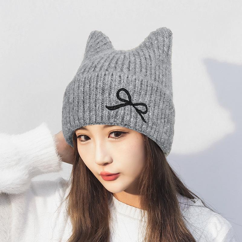 Winter Bow Cat Ear Knitted Wool Hat Women's Warm Ear Protection Hat