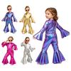 Infant Girls Metallic Ruffle Romper Flared Sleeve Back Zip Bell Bottom Jumpsuit with Bow Belt for Birthday Party Photography