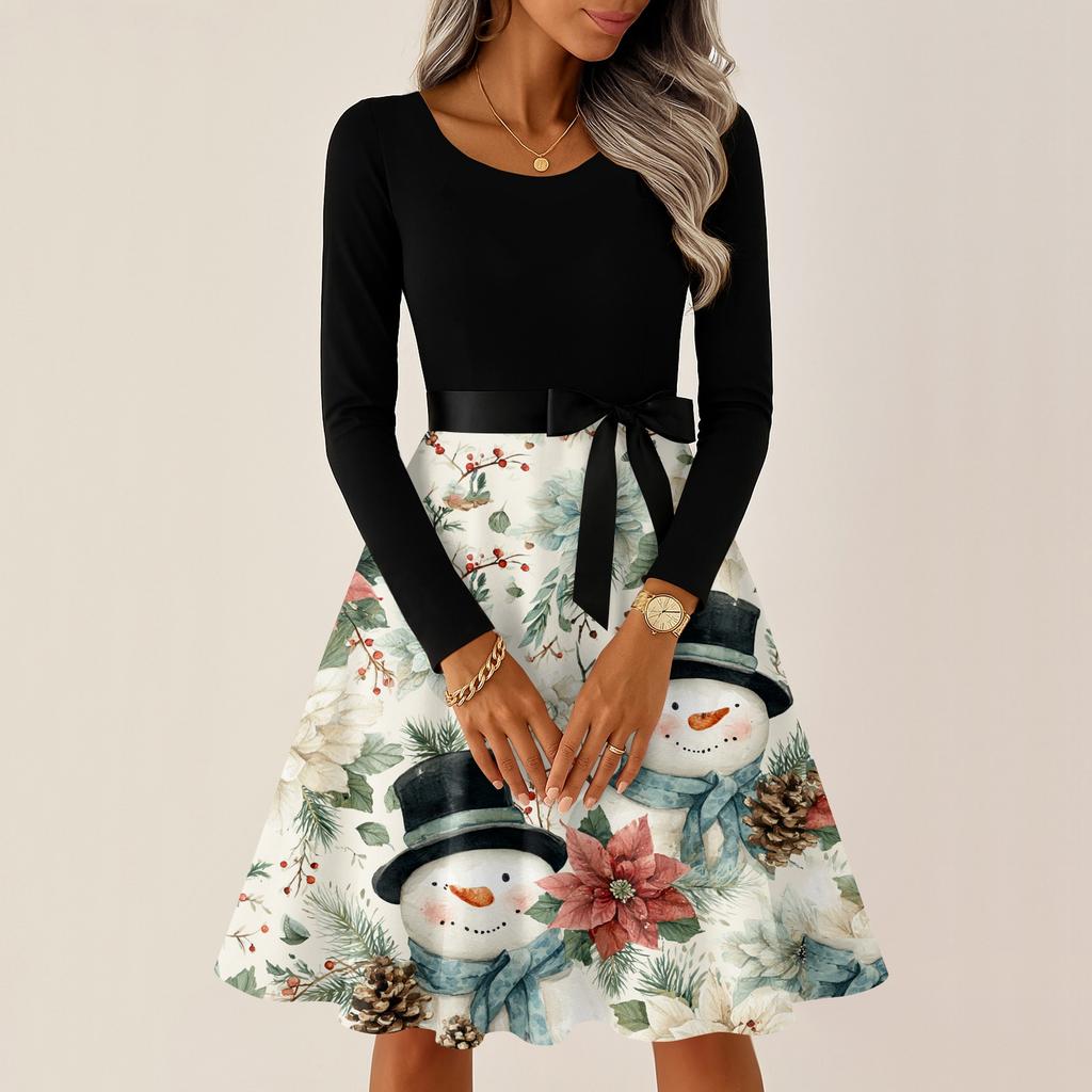 Women's Casual Fashion Round Neck Long Sleeve Christmas Printed Party Vintage Long Dresses