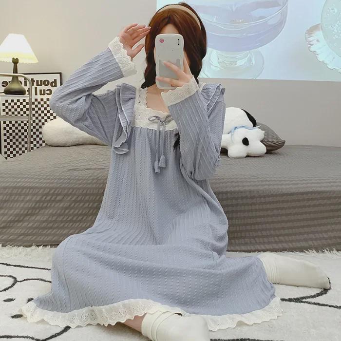 6535 Jacquard Cotton Pajamas - Women's Sweet Long-Sleeve Mid-Length Nightdress, Plus Size (Up To 220 Lbs) for Spring & Autumn