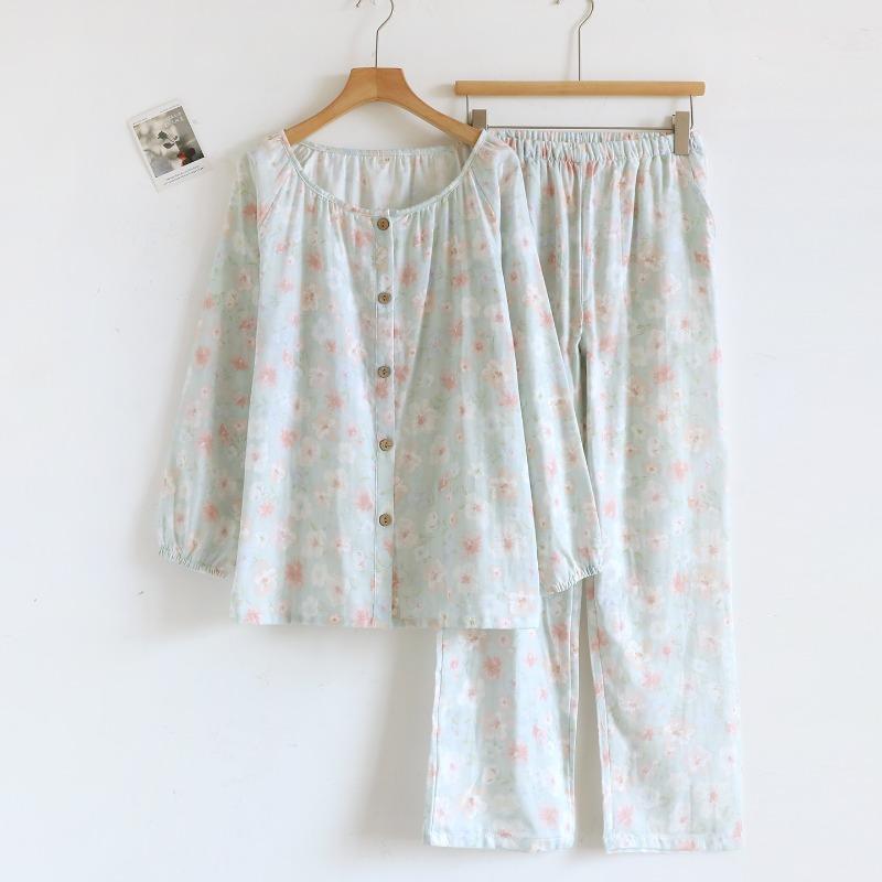 2026 Spring and Autumn New Pajama Set 100% Cotton Gauze Long Sleeve Long Pants Two Piece Sweet Style Home Clothing Set