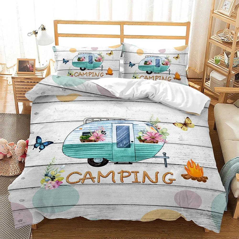Camper Time Print Bedding Set 3D Camping Car Duvet Cover Travel Theme Cartoon Camping Comforter Cover Full King For Teens Adult