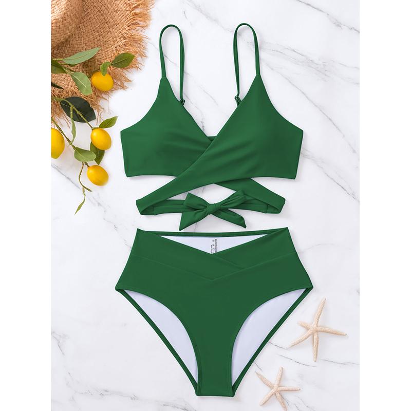 

Купальники бикини с высокой талией, купальник с перекрестными бретелями, женский однотонный сексуальный красный купальник, купальник для купания, плавания, купальный костюм, пляжная одежда XL зелёный