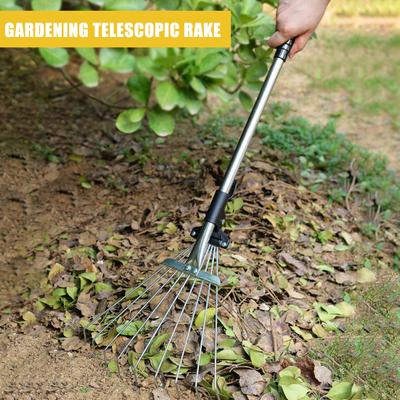 Rastrello telescopico in metallo Rastrello per foglie da giardinaggio retrattile regolabile Manico lungo Rastrello per artigli Rastrello per unghie Rastrello per prato
