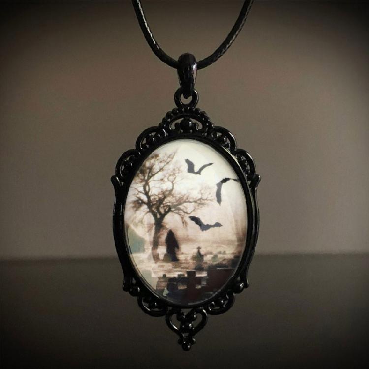 Vintage Bat Cemetery Glass Pendant Necklace Clavicle Chain Halloween Jewelry