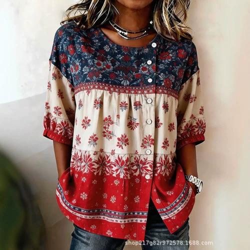 European and American summer new women's tops, shirts, geometric printing buttons, drawstrings, half-sleeved tops, T-shirts, women's clothing