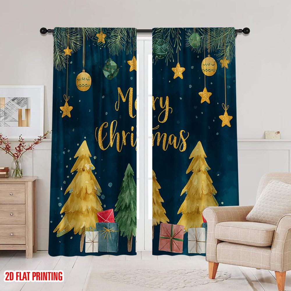 2 Stück, 2D-Flachdruck Druckvorhänge Weihnachtskiefern Vielseitiger Stoff (ohne Stange) Ganzjahresnutzung für Wohnzimmer,
