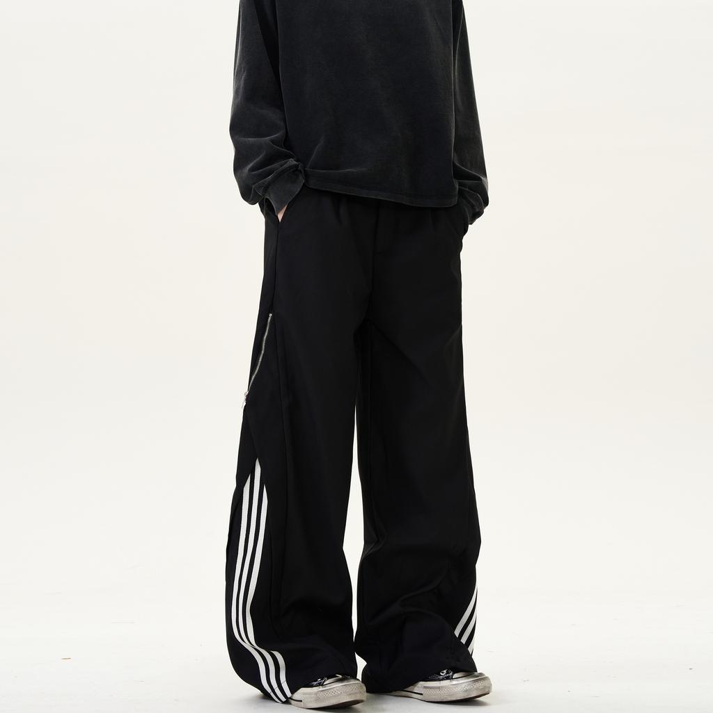 American retro trendy brand three-bar striped casual pants for men and women loose and versatile casual side zipper design pants