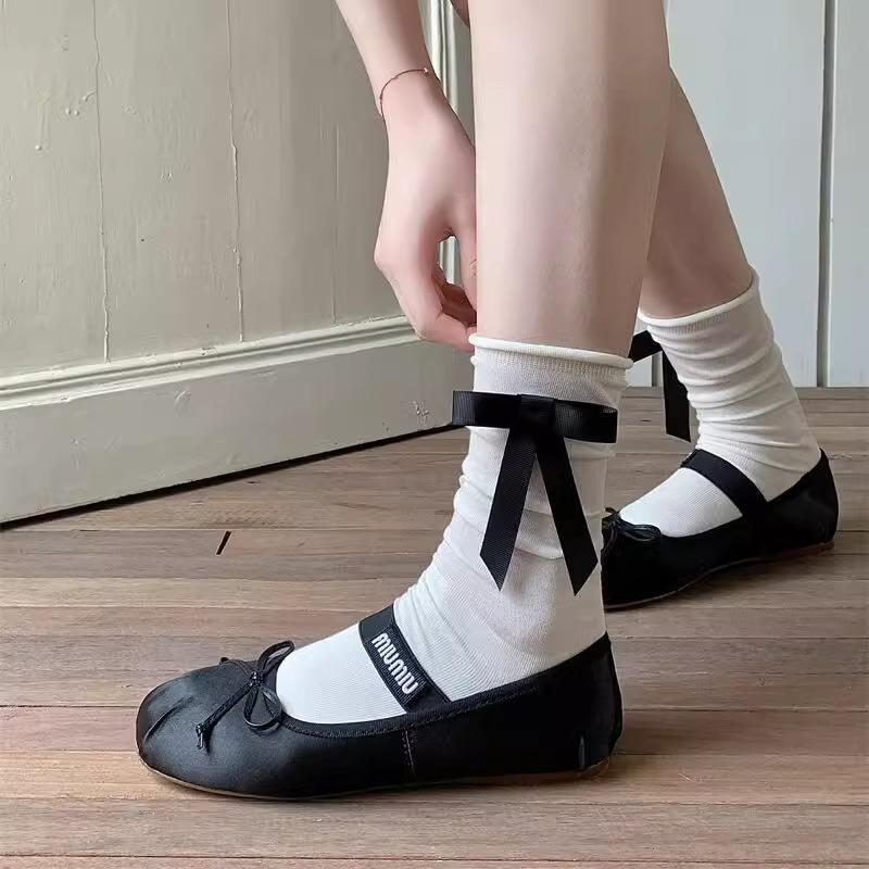 Bowknot socks for women, summer thin mid-calf socks jk Ballet-style solid color slouch socks, Japanese sweet calf socks, trendy White/Bow