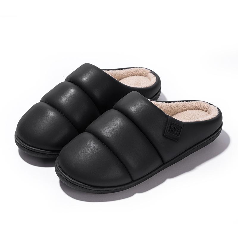Home PU Leather Waterproof Cotton Slippers Autumn and Winter Floor Mop Non-slip Indoor Couple 2025 New Simple