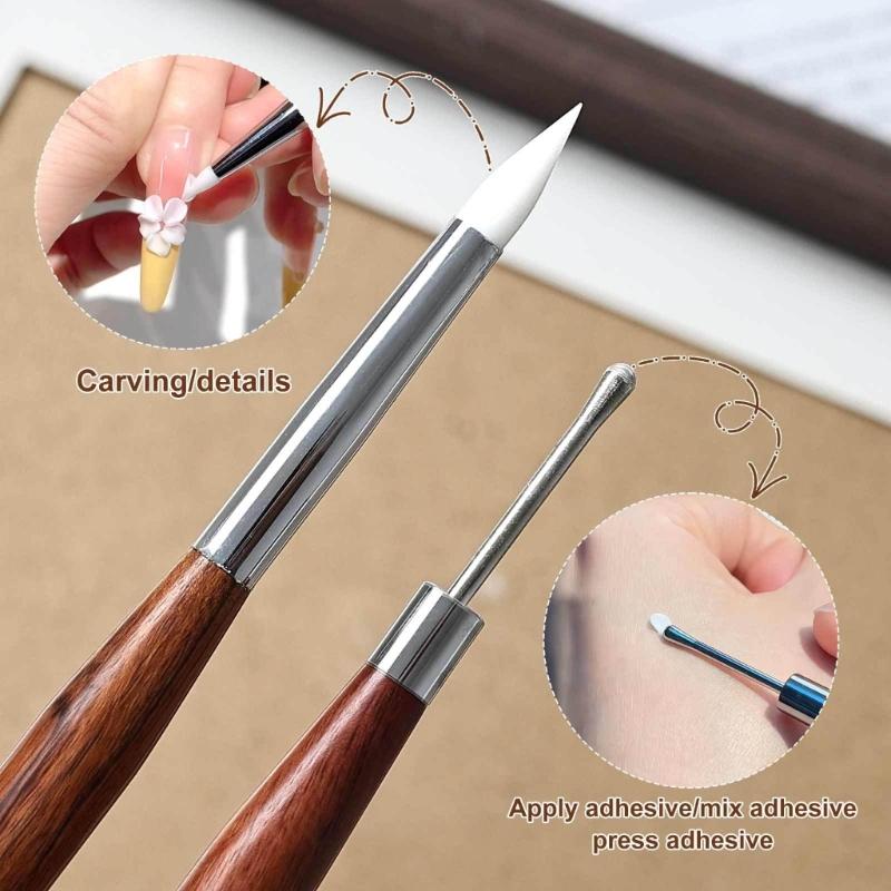 Natural Wood Handle Double Head Nail Art Pen Carving Tool for Comfortable Grip During Nail Design and Decoration
