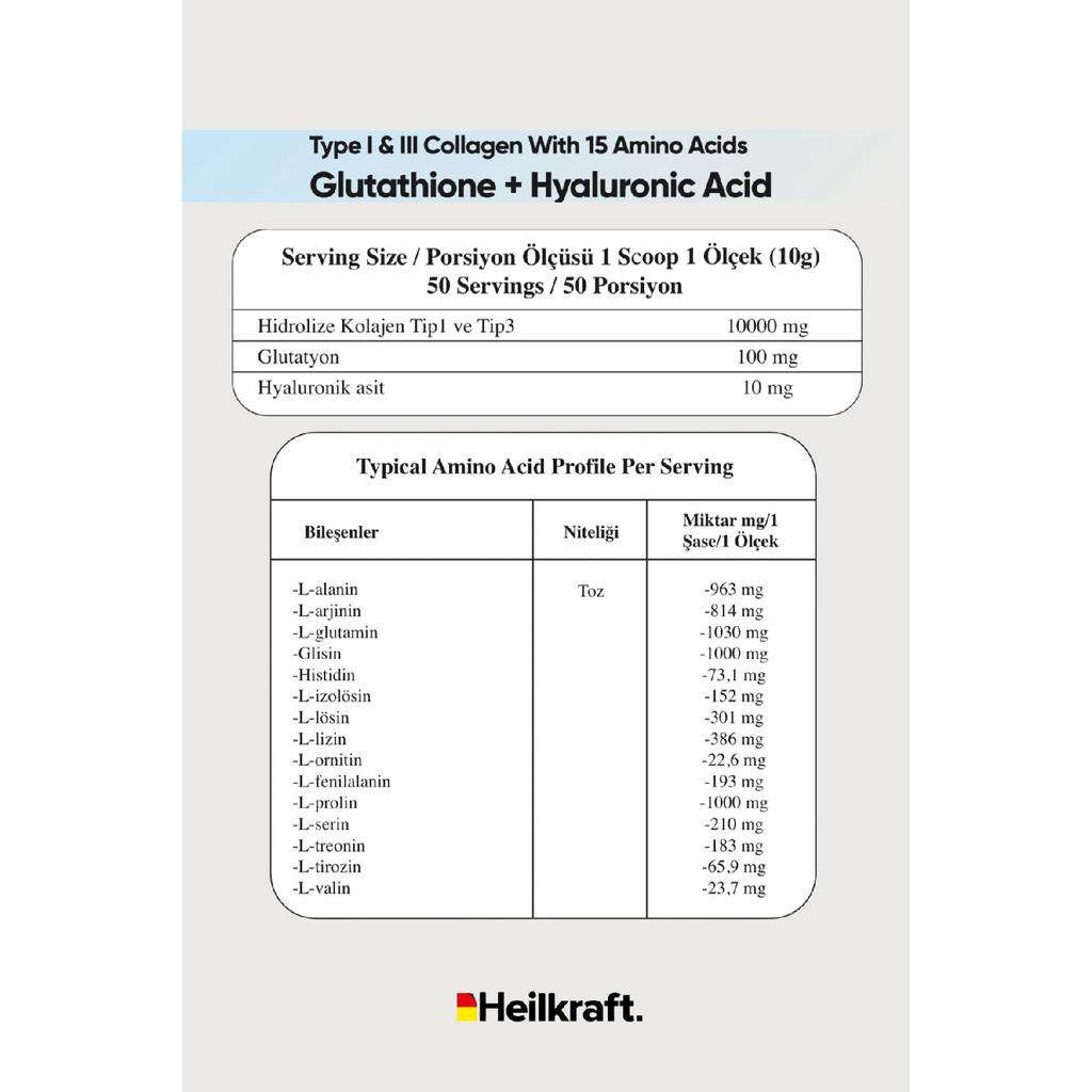 100 %hydrolyized Collagen, Glutathione, Hyaluronic Acid And 15 Amino Acids Containing Food Supplement 50 Days