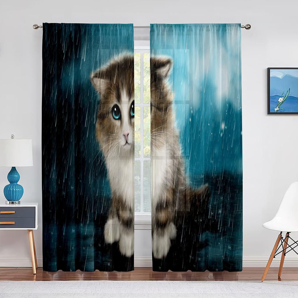 Niedliche Katze Goldfisch Fantasy Kunst Bunte Tüllvorhänge für Heimfensterdeko Schlafzimmer Küche Modern Chiffon Transparent Voile Vorhang