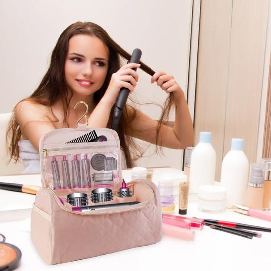 

Дорожная сумка для хранения фена, отделение, боковые карманы с подвесным крючком, легкий водонепроницаемый, просторный органайзер для аксессуаров для щипцов для завивки волос розовый