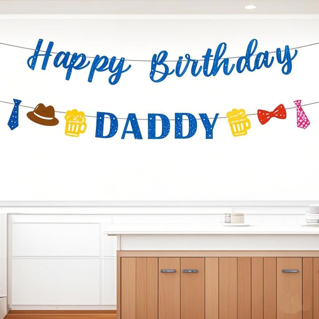 Glitter Happy Birthday Banner for Fathers Party Decoration Pre-Strung Celebration Blue Flag Cake Banner Happy Daddy Bold Letter Sign We Love Dad