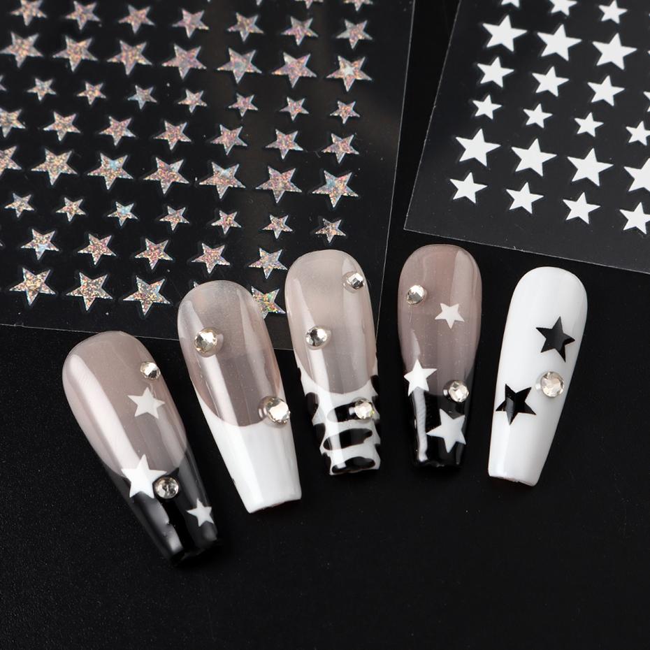 3D Black Pink Stars Stickers for Nails Golden Silvery Stars Adhesive Nail Decals Autumn Winter Festival DIY Nail Art Accessories