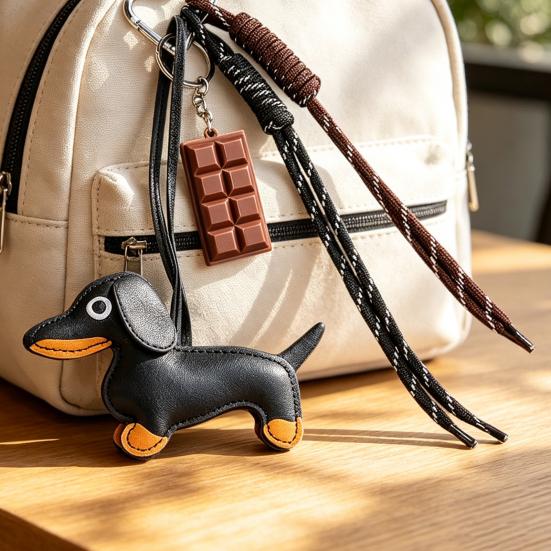 Dachshund Keychain Pendant Faux Leather Pendant, Cartoon Dog Hanging Decor with Braided Rope, Handbag Decorative Accessories Metal Carabiner Charm