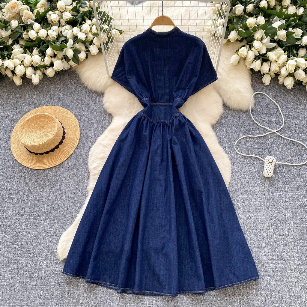 High-end women's dress summer high-end deep V-neck waist buckle slim-fitting pleated casual denim skirt