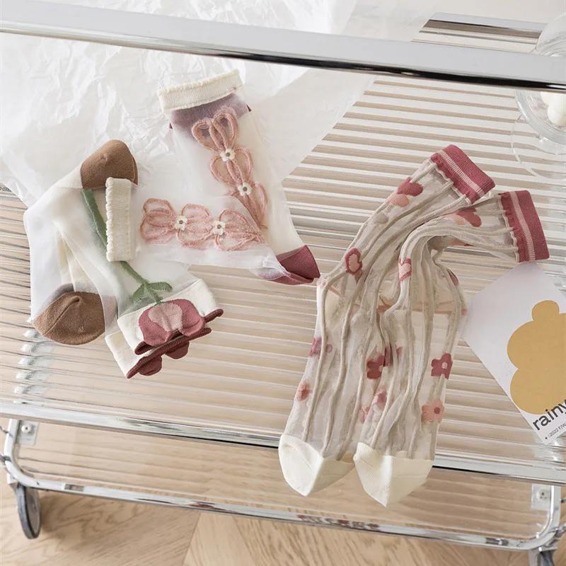 See Through Transparent Nylon Long Socks Women Summer Ultra-thin Breathable Crystal Silk Socks Embroidery Floral Cute Lace Socks