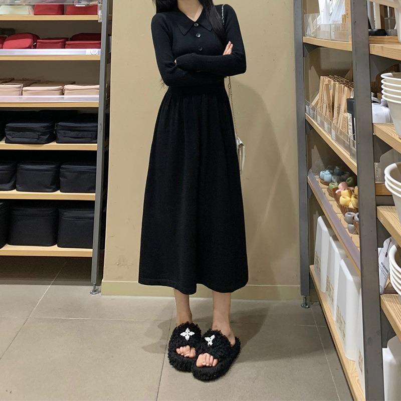 Solid color temperament breasted design polo collar knitted dress women's autumn and winter new bottom waist thin dress