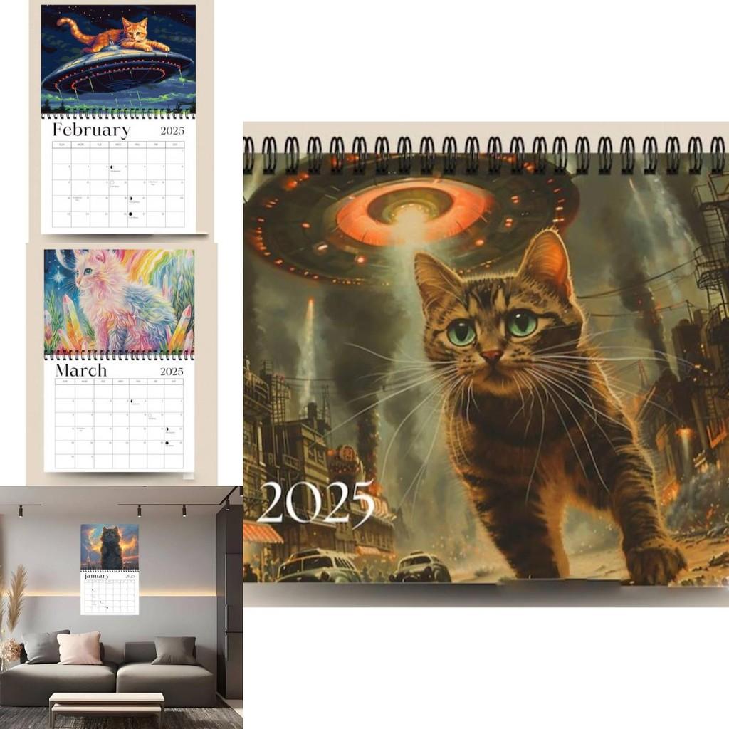 Adorable 2025 Cosmic Cat Wall Calendar With 12 Months Spiral Binding For Home Dcor