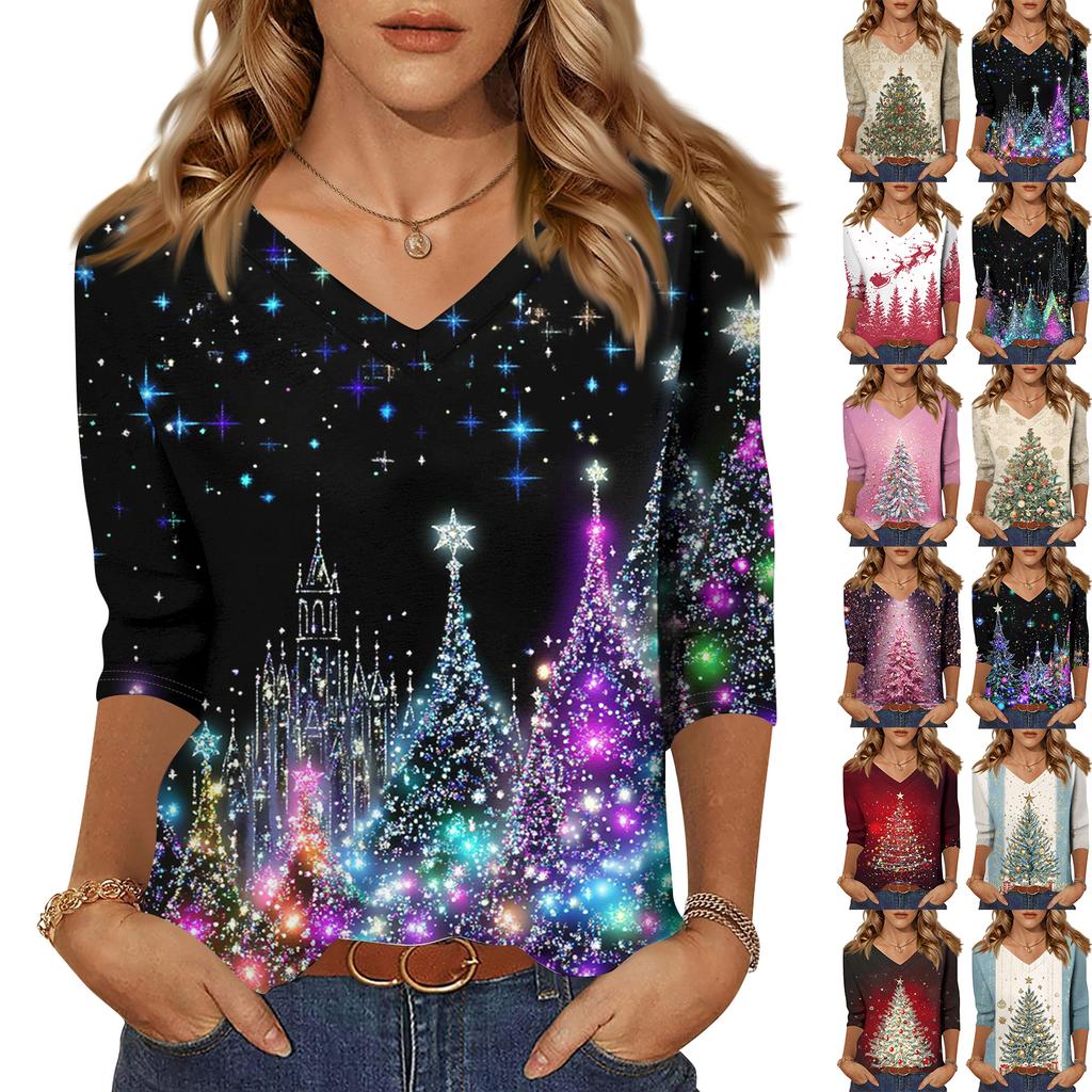 Women's Fashion Casual V Neck 3/4 Sleeve Loose  Printed T-Shirt Ladies Top