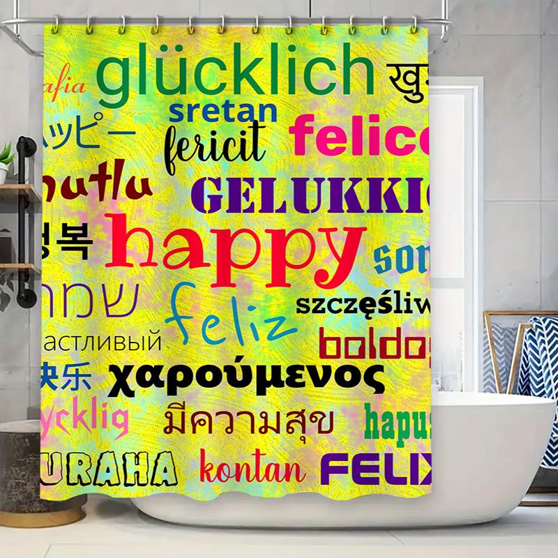 

Multilingual Shower Curtain With Happy Colors Waterproof Fabric For Bathrooms Decor Home Accessories W60H190(CM)-1 Pcs
