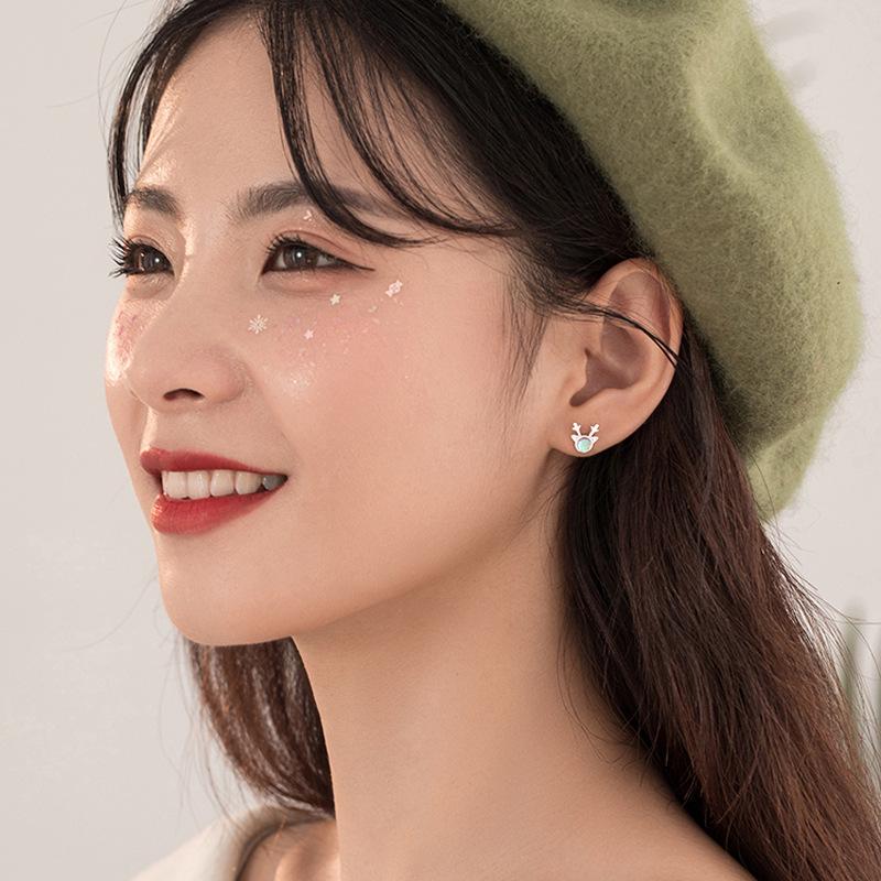 Korean-Style 2025 Reindeer Antler Stud Earrings with Moonlight Stone - Christmas Gift for Women & Students