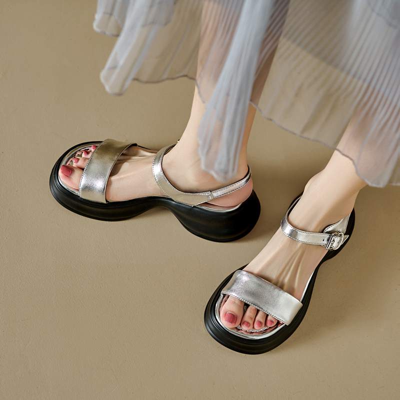 Krazing Pot Sheepskin Peep Toe Thick High Heels Summer Shoes Buckle Straps Platform Casual Women Sandals