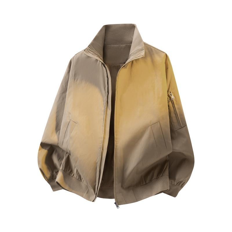 Mens Solid Black Stand Collar Zip Up Bomber Jacket