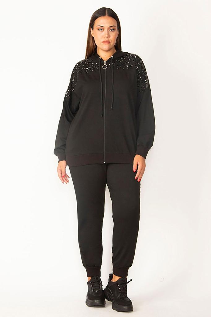 Damski Modny Zestaw Dresowy Duży Rozmiar Czarny Zamek Błyskawiczny z Przodu Bluza z Kapturem ze Szczegółami w Kolorze Kamienia Zestaw Spodni