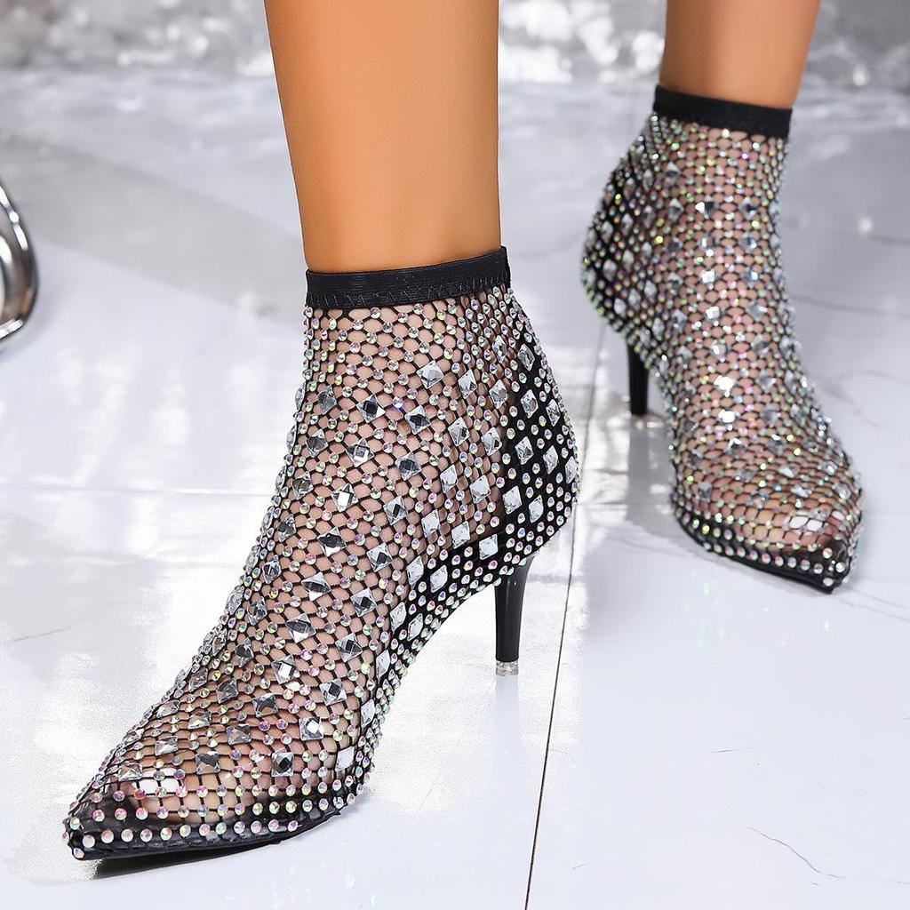 Summer Women Short Boots Fashion Pointed Toe Shing Rhinestone Sandals New Sexy High Heeled Shoes Women Cool Ankle Boots