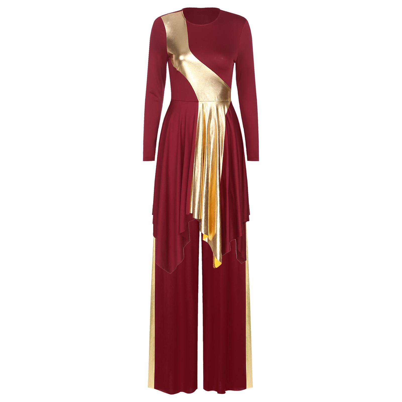 

Womens Church Worship Dance Outfit Asymmetrical Hem Long Sleeve Metallic Patchwork Dress Wide Leg Pants S