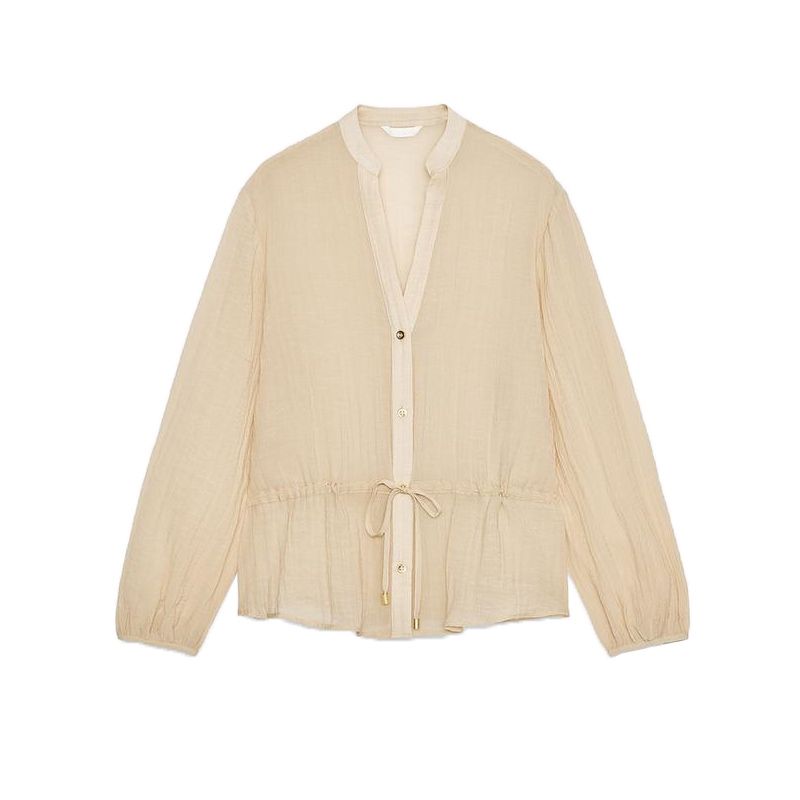 Round Neck Translucent Long Sleeves Shirt 3897106 Wrinkle Effect Translucent High Waist Loose Pants 3897206