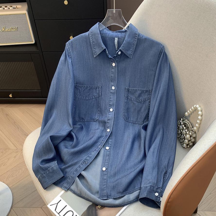 Women s Tencel Denim Shirt - Korean Style, Slimming, Long Sleeve, Versatile for Spring/Autumn. S (90-105 jin) синий
