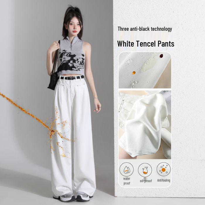 Women s White Tencel Wide-Leg Ice Silk Jeans - High-Waisted, Slimming, Floor-Length, Loose Fit. XS