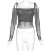 Solid Slash Neck Crop Tops Sexy Off Shoulder Straps Long Sleeve T-Shirts Slim Mesh Tees Y2K Streetwear Women