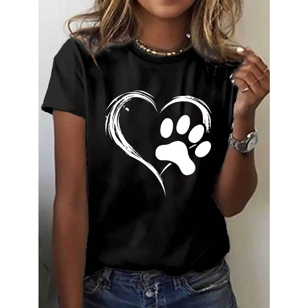 Women's Casual Sleeve Round Neck Playful Heart Paw Print Design Stretch Fabric Spring Attire Clothes
