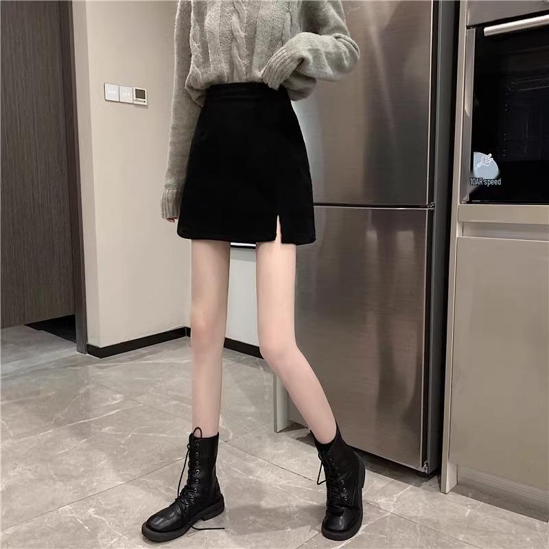 Women's High Waist Corduroy A-line Slit Bodycon Midi Skirt for Autumn/Winter