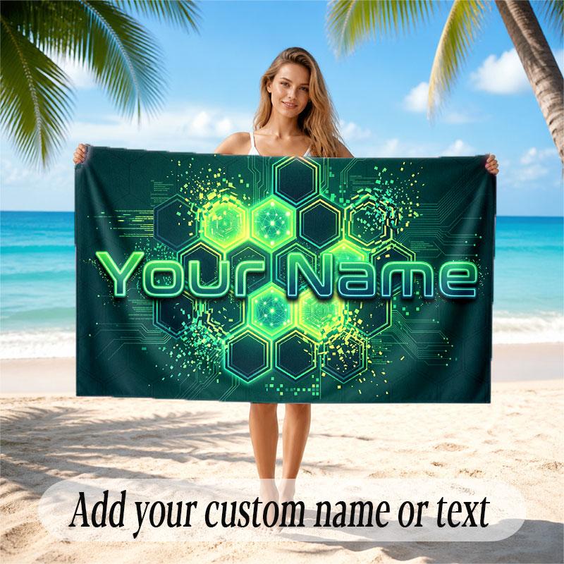 Abstract Geometric Theme Soft Beach Towel Personalized Custom Name Text Towel Portable for Beach Pool Travel