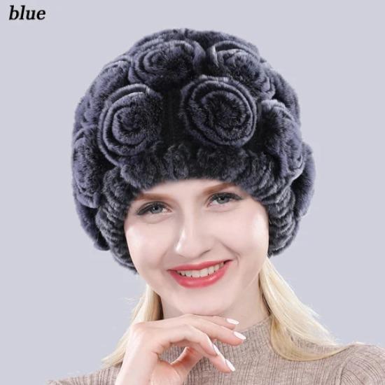 New Arrival Flowers Real Fur Hats Winter Russian Women Natural Rex Rabbit Fur Caps Lady Genuine Rex Rabbit Fur Beanies Cap
